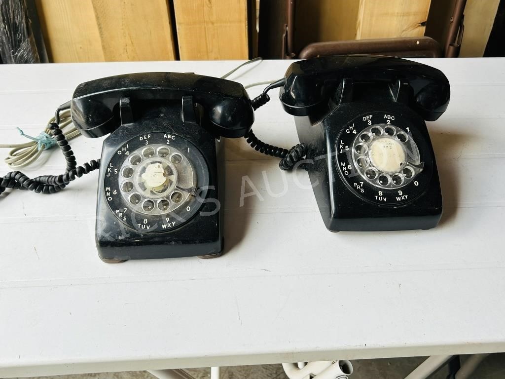 2 vintage black rotary telephones