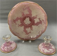 Pink Glass Bowl & Candlesticks Set