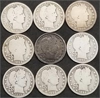 9 Barber Silver Quarters back to 1893