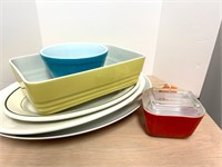 Pyrex casserole, frig dish, platters, oven pan