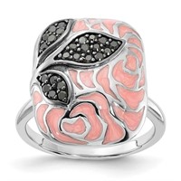 Silver- Pink Enamel Black Austrian Crystal Ring