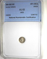 384-362 BC Ares NNC AU55 AR Obol
