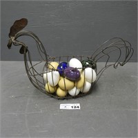 Metal Wire Chicken Basket w/ Plastic Eggs