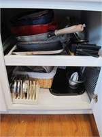 CABINET OF COOKING PANS, DISHES, TRAYS, & MORE