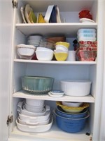 CABINET FULL OF KITCHEN WARE, BOWLS, & MORE