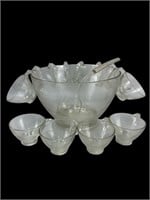 Vintage Very Large Clear Glass Punch Bowl/Glasses