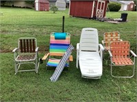 Vintage Webbed Lawn Chairs, Beach Umbrella, Chairs