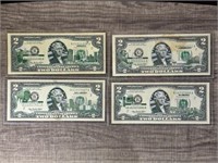 4 Colorized State 2 Dollar Bills (Arizona,