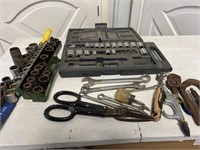 Socket set, wrenches and miscellaneous tools