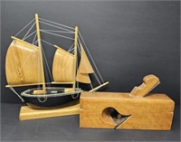 Hand Crafted Wooden Sailboat and Vintage Planer