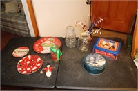Christmas plates, jars, tins