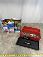 Assortment of nails and tool box with hardware