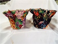 (2) Floral Flower Pots - 1 black - 1 bright