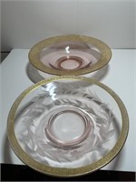 2 pink depression bowls with gold brims