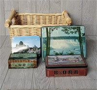 Wicker Basket with (4) Vintage Metal Tins