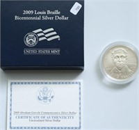 2009 LOUIS BRAILLE SILVER DOLLAR W BOX PAPERS