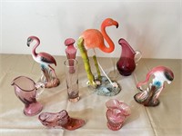 Purple Glass and Flamingo Figurines