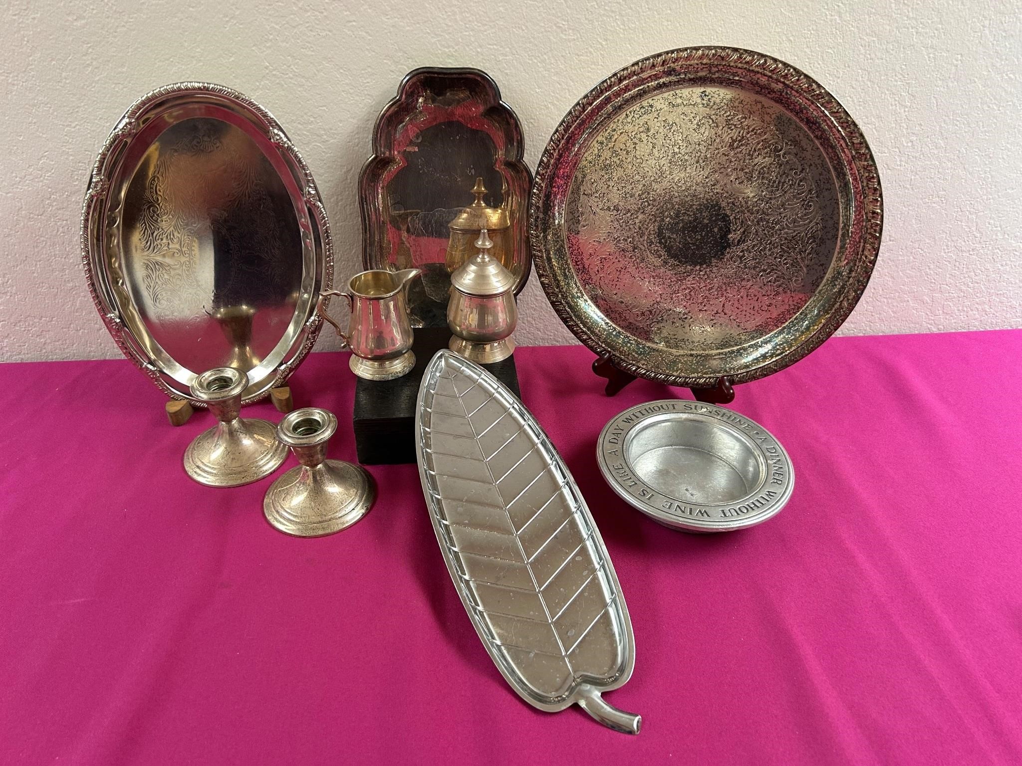 Weighted Sterling Candle Sticks, Plated Platters
