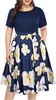 Plus Size Midi Dress Round Neck Floral Navy Size16