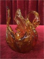 Vintage Amber Glass Swan Dish