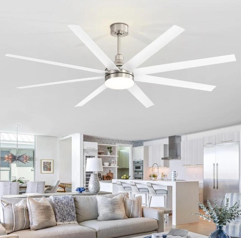 LARGE 8 BLADE SILVER CEILING FAN WITH LIGHT,