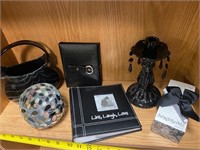 Black glass purse, candlestick and other