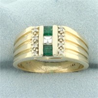 Mens Emerald and Diamond Ring in 14k Yellow Gold