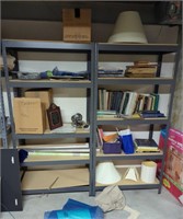 2 heavy duty metal shelves and contents