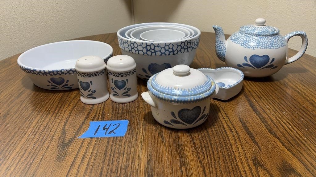 Blue heart dishes : mixing bowl set, teapot, soap