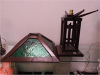 Prairie-style wooden  lamp base with green glass