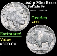 1937-p Buffalo Nickel Mint Error 5c Grades vf++