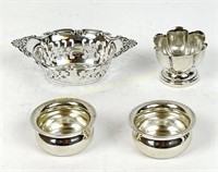 THREE STERLING SALTS + BIRKS NUT DISH