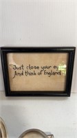 Antique framed cotton fabric quote, “ Just close