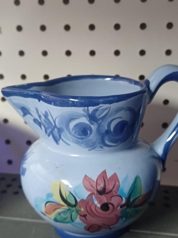 Signed Portugal Pottery Pitcher and Blue Bell