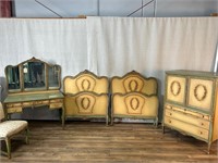 Antique French Twin Beds, Vanity, Armoire, & Chair