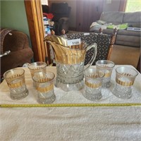 Vintage Gold Trim Glass Pitcher & 6 Glasses