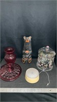 Red glass vase, candy dish, wooden bear, glass