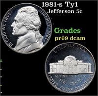 Proof 1981-s Ty1 Jefferson Nickel 5c Grades GEM++