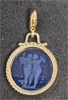 14 Kt Yellow Gold Carved Blue Stone Cameo Pendant