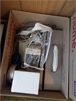 box of pc speakers, lock box and misc.