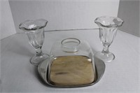Covered Cheese Dish and 2 Stemmed Glasses