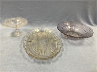 2 Glass serving dishes, and a frosted glass nut di