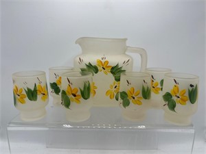 Vintage frosted hand paint pitcher & glasses