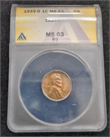 1939-D Lincoln Wheat Cent Penny coin ANACS MS63