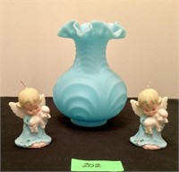 Fenton Draped Satin Glass Vase with 1950s Angel