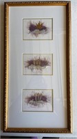 Signed framed art - feathered crowns (?) approx