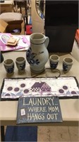 Stoneware pottery picture and 4 tumblers