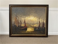 Peter Brouwer Oil on Canvas Harbor Scene Painting