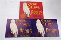 Lot of 3 Orig 1930's Snow Owl Crate Labels - Pears