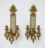 Pair French 3 Arm Crass Candle Sconces 14"h